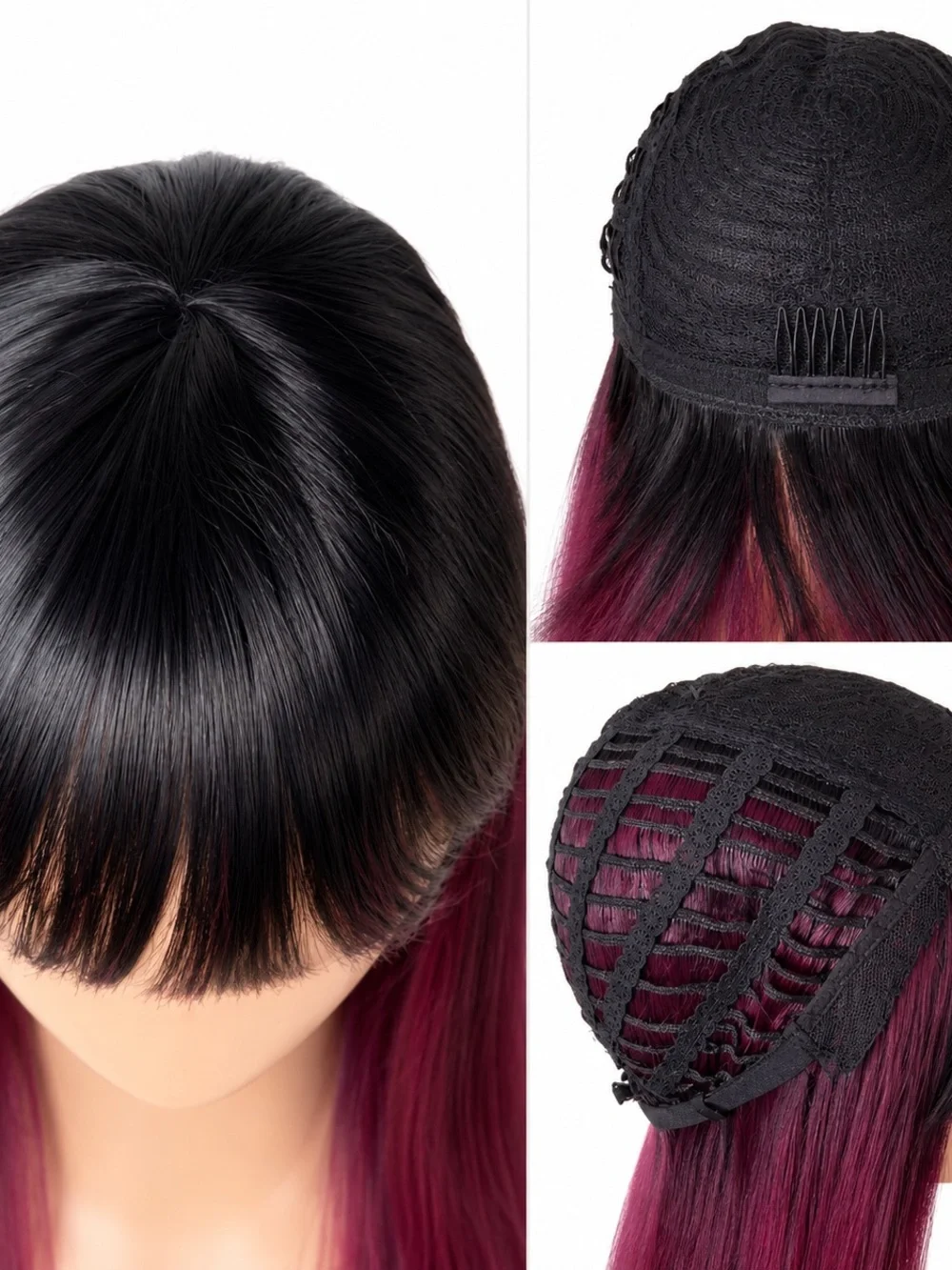 Long Straight Wig with Blunt Bangs - Burgundy Ombre 26 inches long